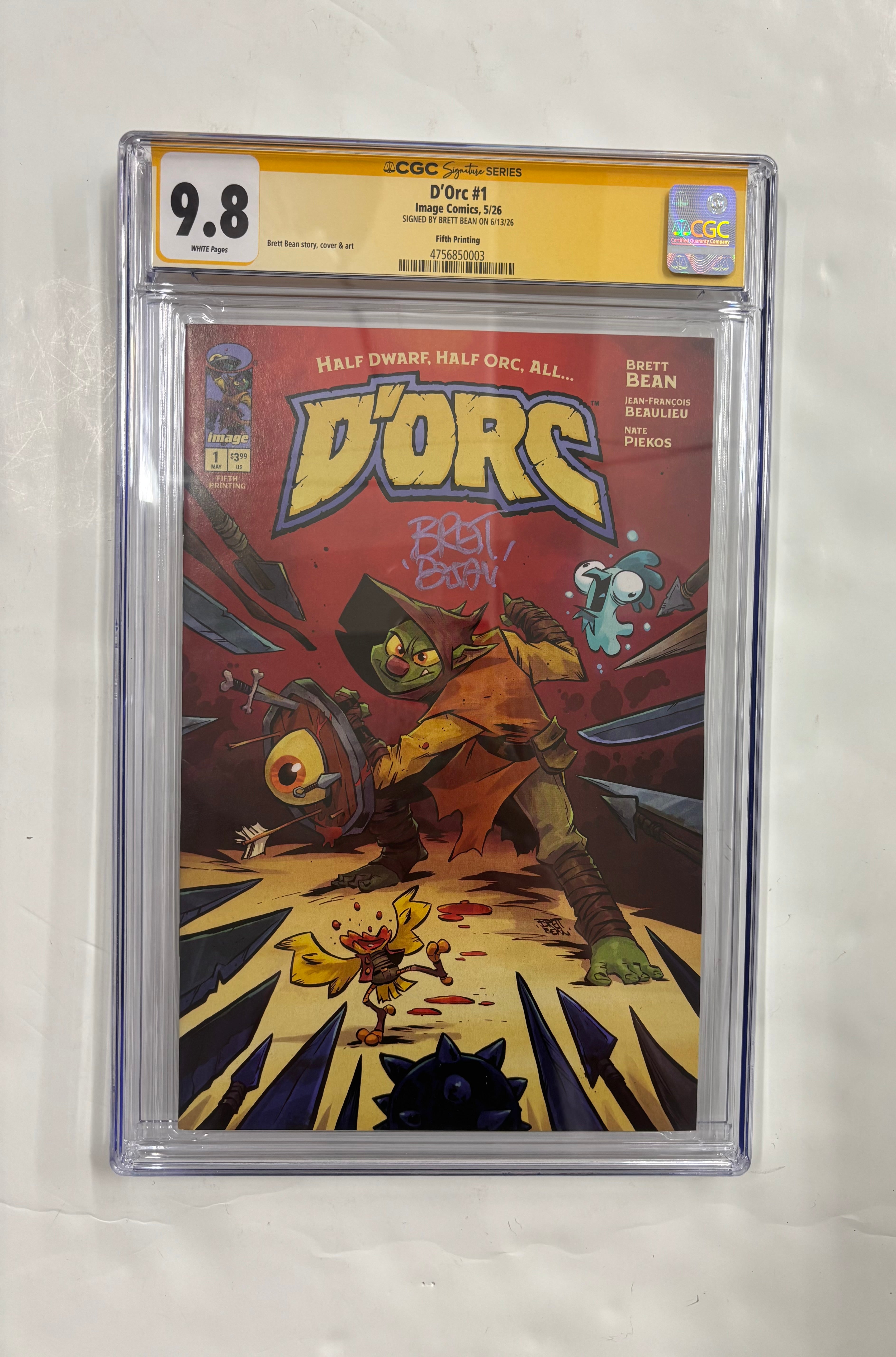 Cgc 9.8 yellow label D’ORC #1 fifth printing signed by Brett Bean