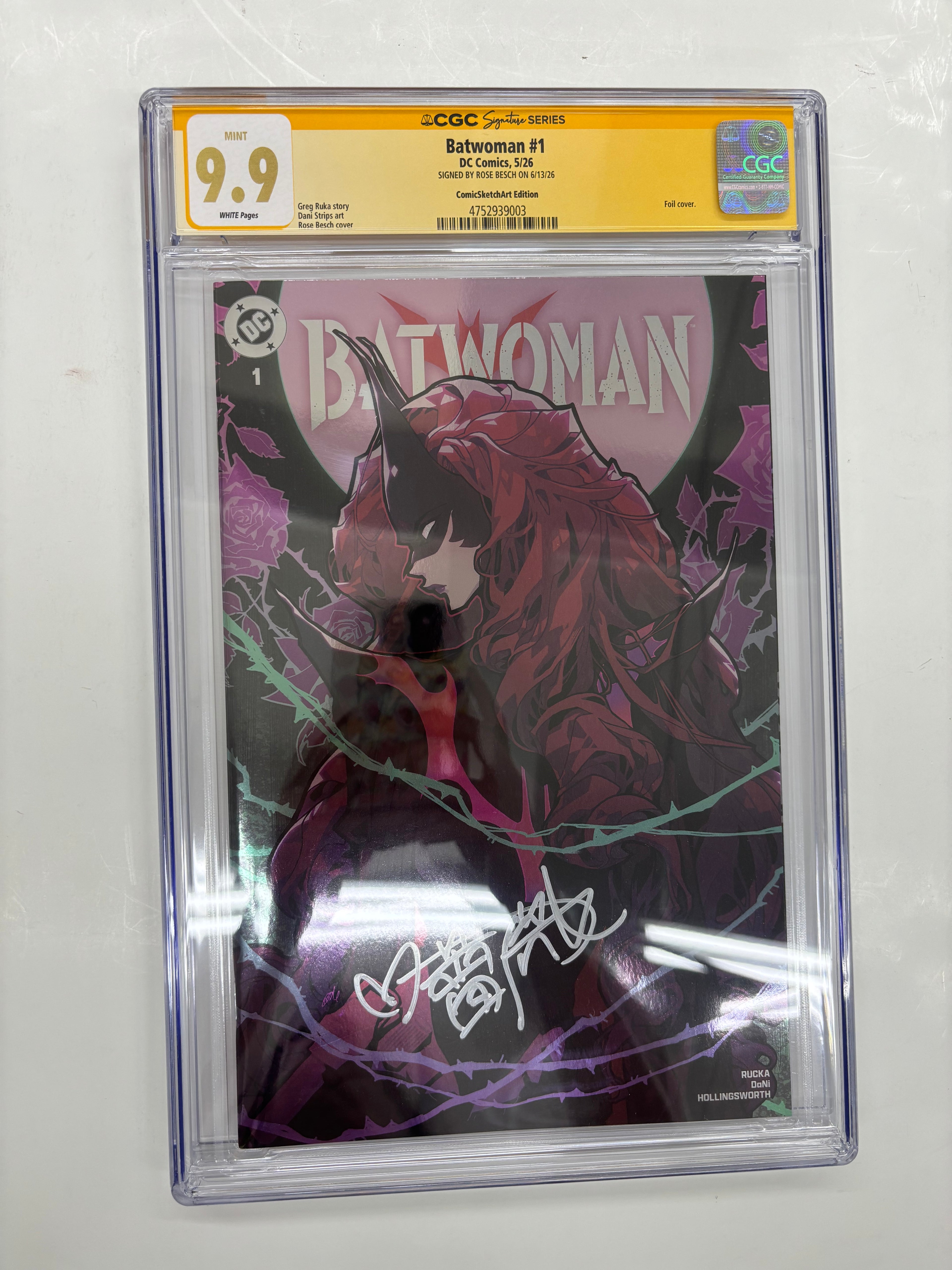Cgc 9.9 yellow label batwoman #1 comicsketchart foil edition signed by rose besch