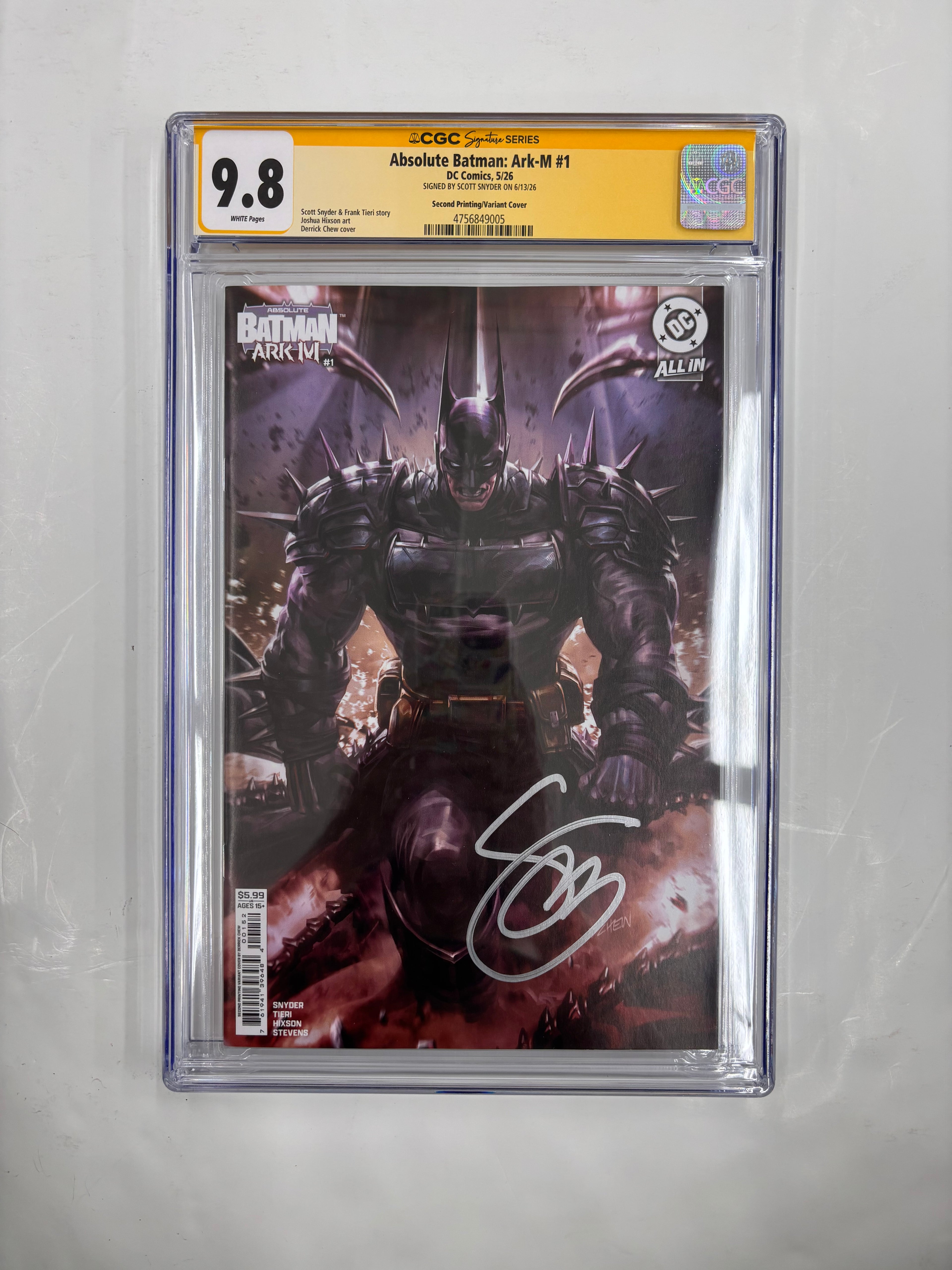 YELLOW SLAB CGC 9.8 absolute Batman Ark-m #1 second printing/variant cover signed by Scott Snyder