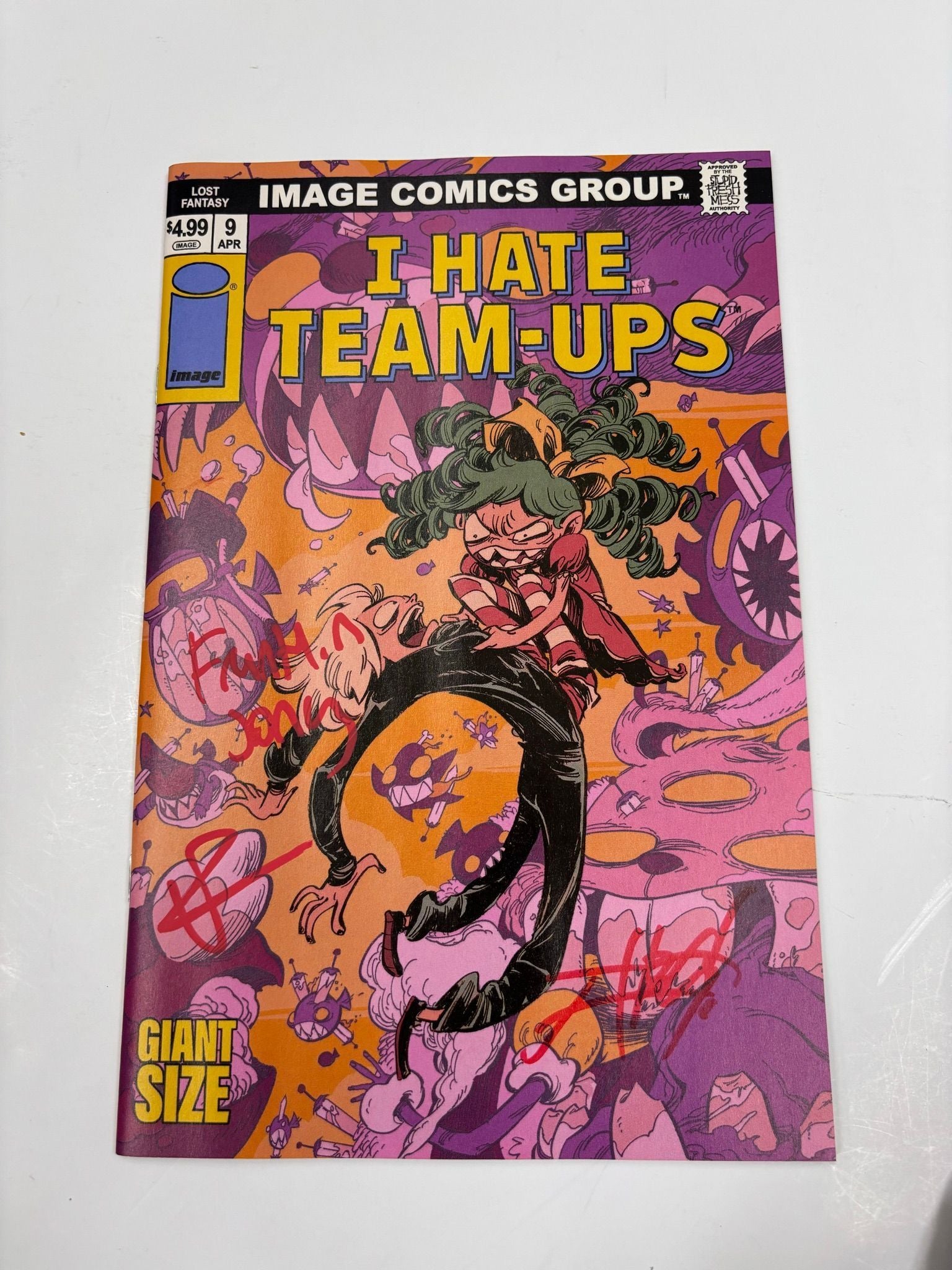 I hate team ups Lost Fantasy #9 signed by Frankie Jonas, Curt Pines, and Timmy Heague